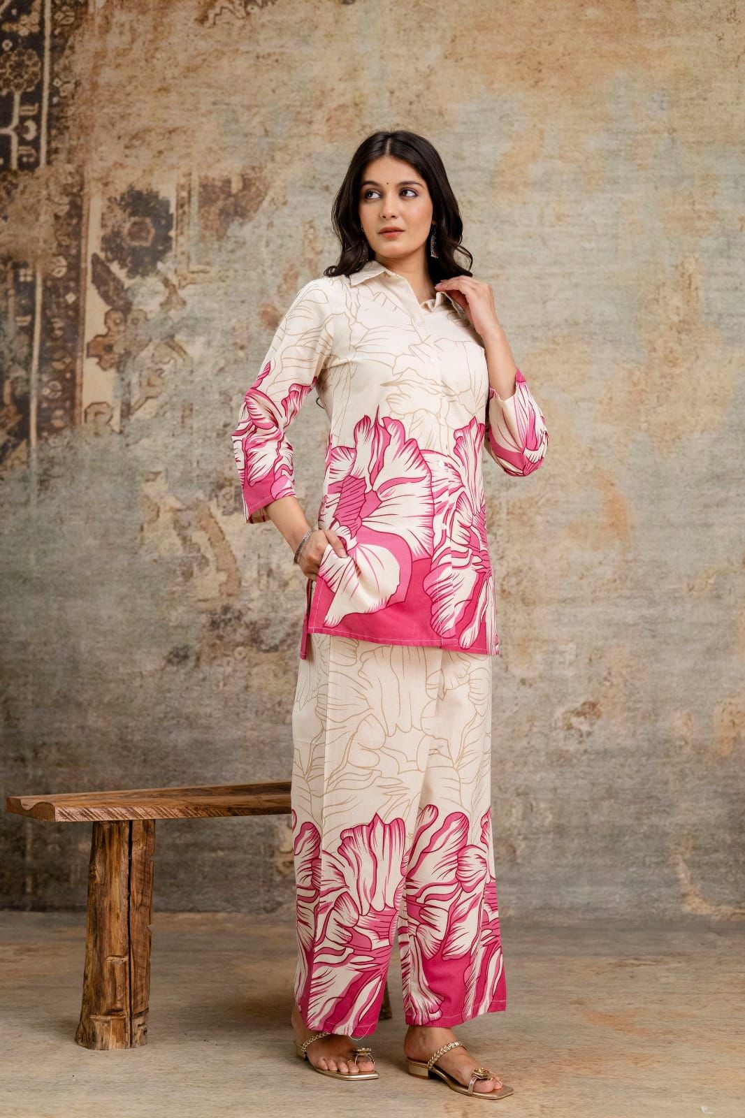 Pink Printed Classy Cotton Cord Set