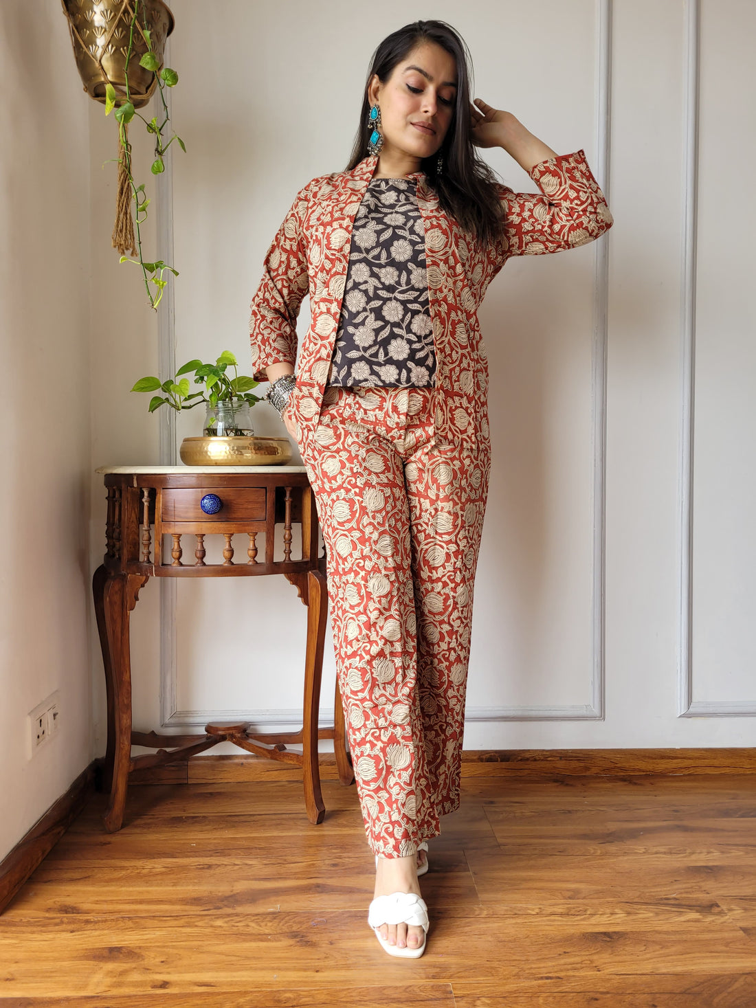 Pinkish Red Hand Block 3PC Cotton Co-ord Set