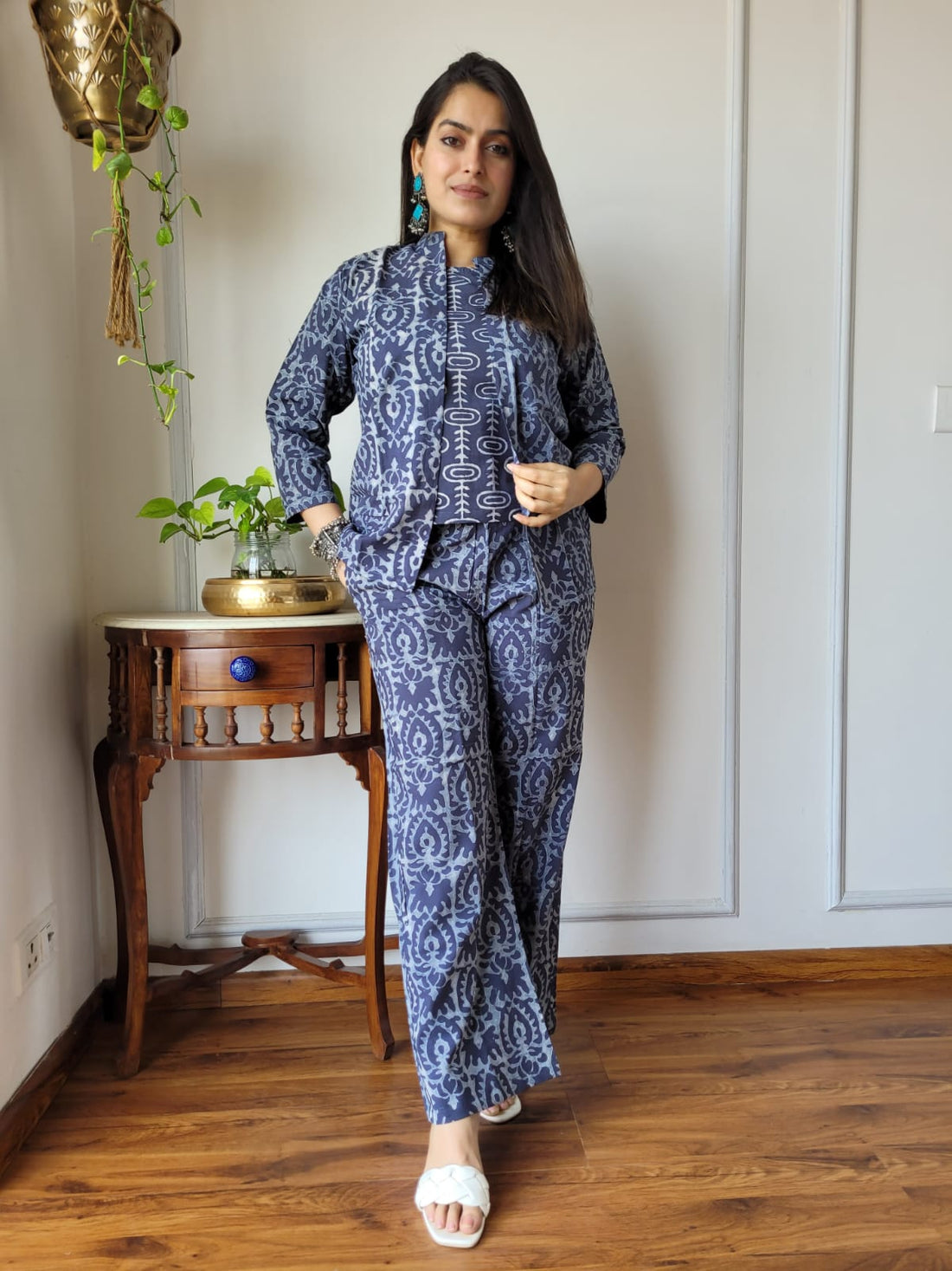 Blueish Grey Hand Block 3PC Cotton Co-ord Set