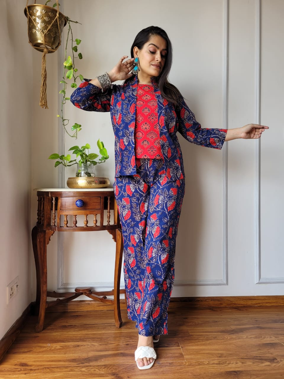 Blue Hand Block 3PC Cotton Co-ord Set