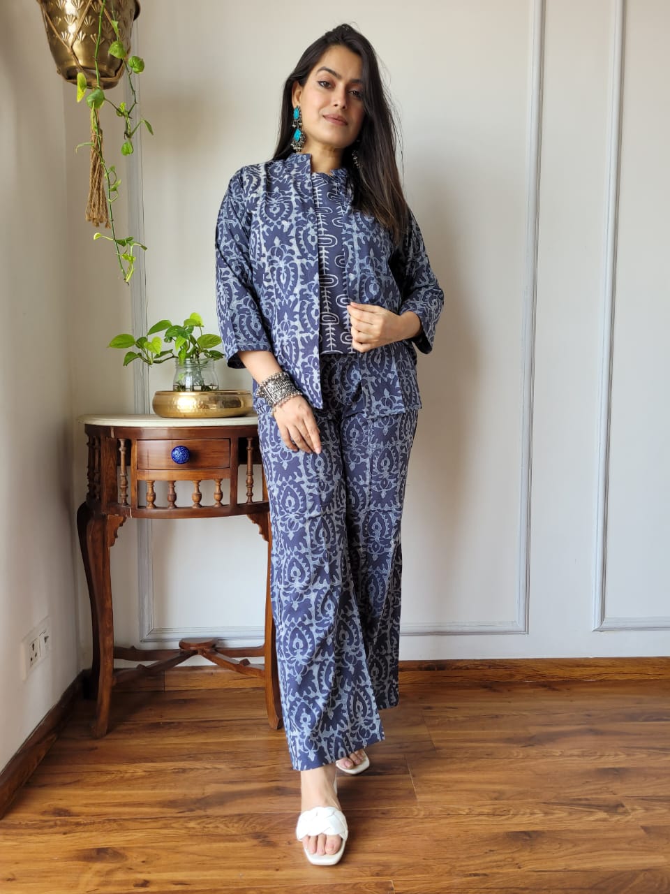 Blueish Grey Hand Block 3PC Cotton Co-ord Set