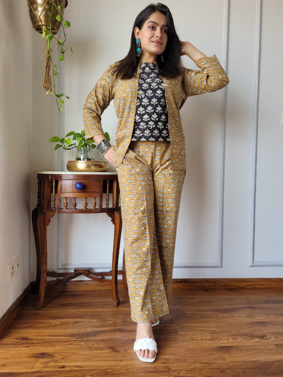 Yellow Gold Hand Block 3PC Cotton Co-ord Set