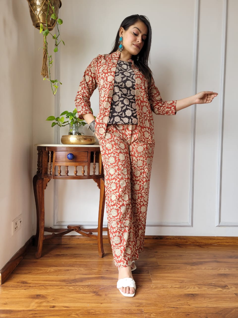 Pinkish Red Hand Block 3PC Cotton Co-ord Set