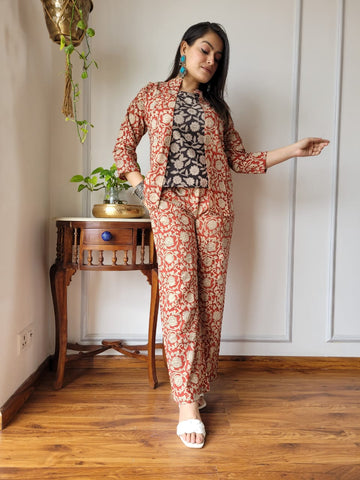 Pinkish Red Hand Block 3PC Cotton Co-ord Set