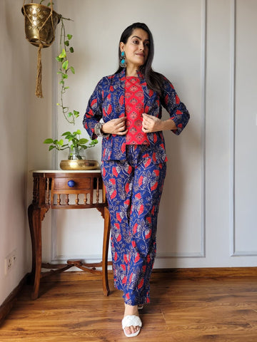 Blue Hand Block 3PC Cotton Co-ord Set