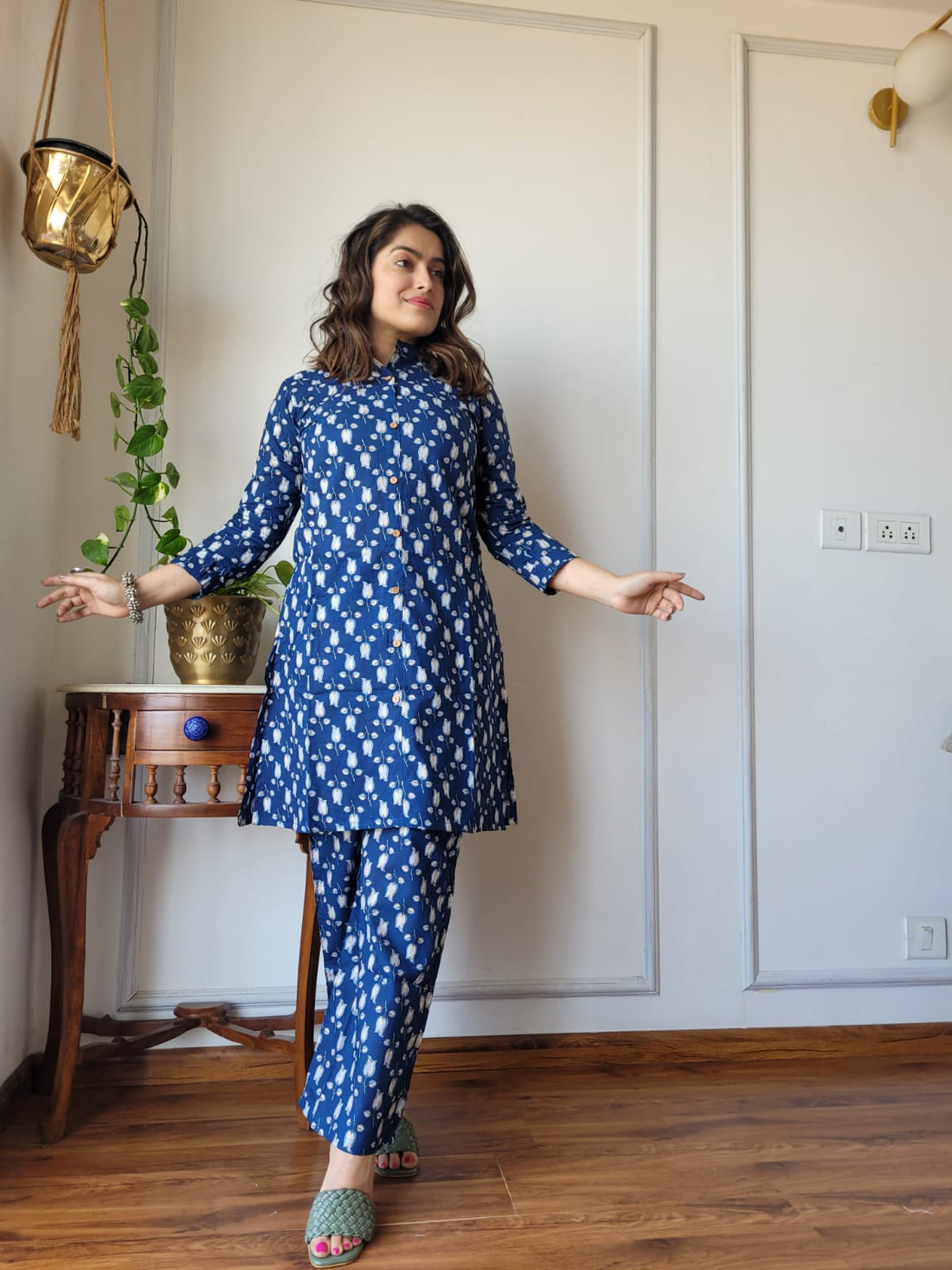 Blue Cotton Printed Cord  Set