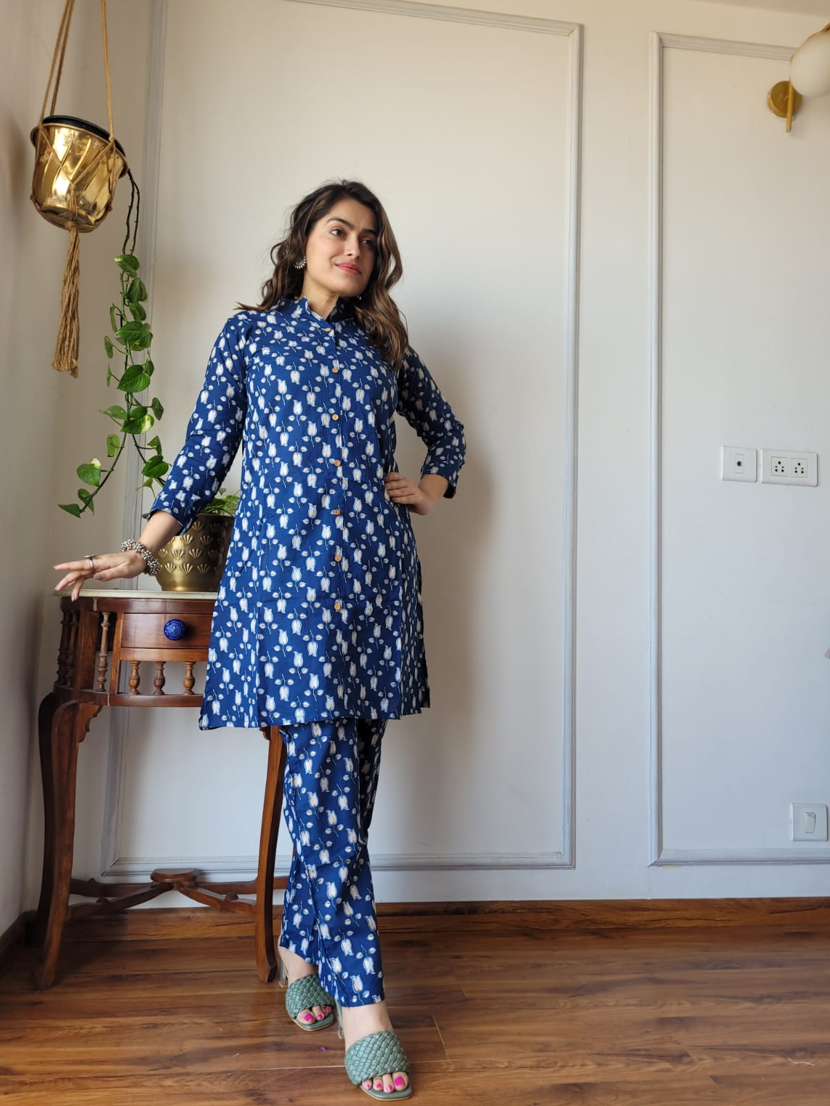 Blue Cotton Printed Cord  Set