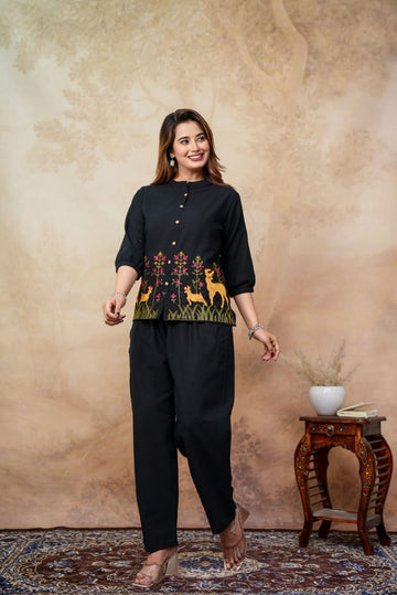 Elegant Black Embroidery Cotton Cord Set