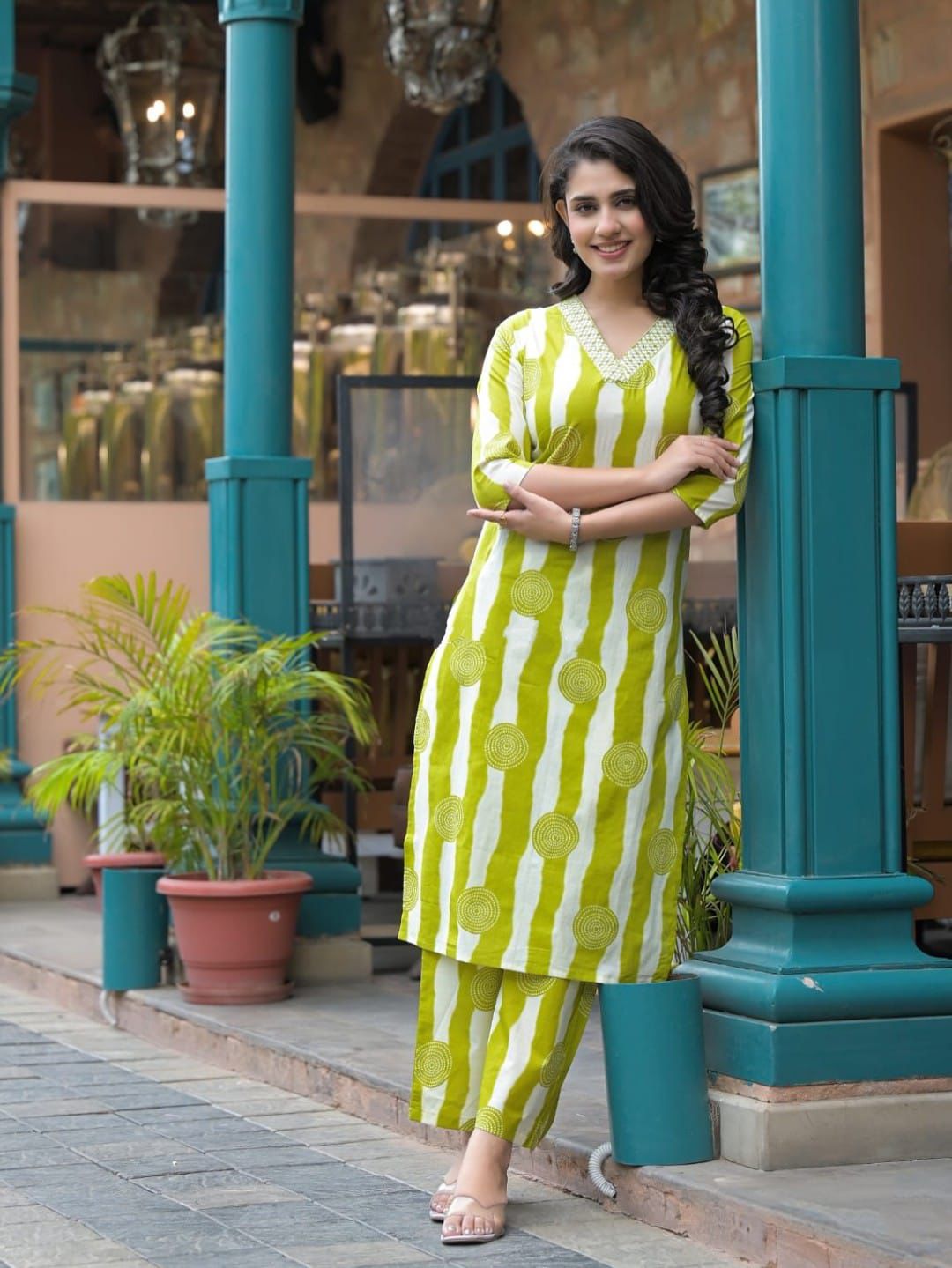 Lime Green Printed Elegance Cotton Kurti Set