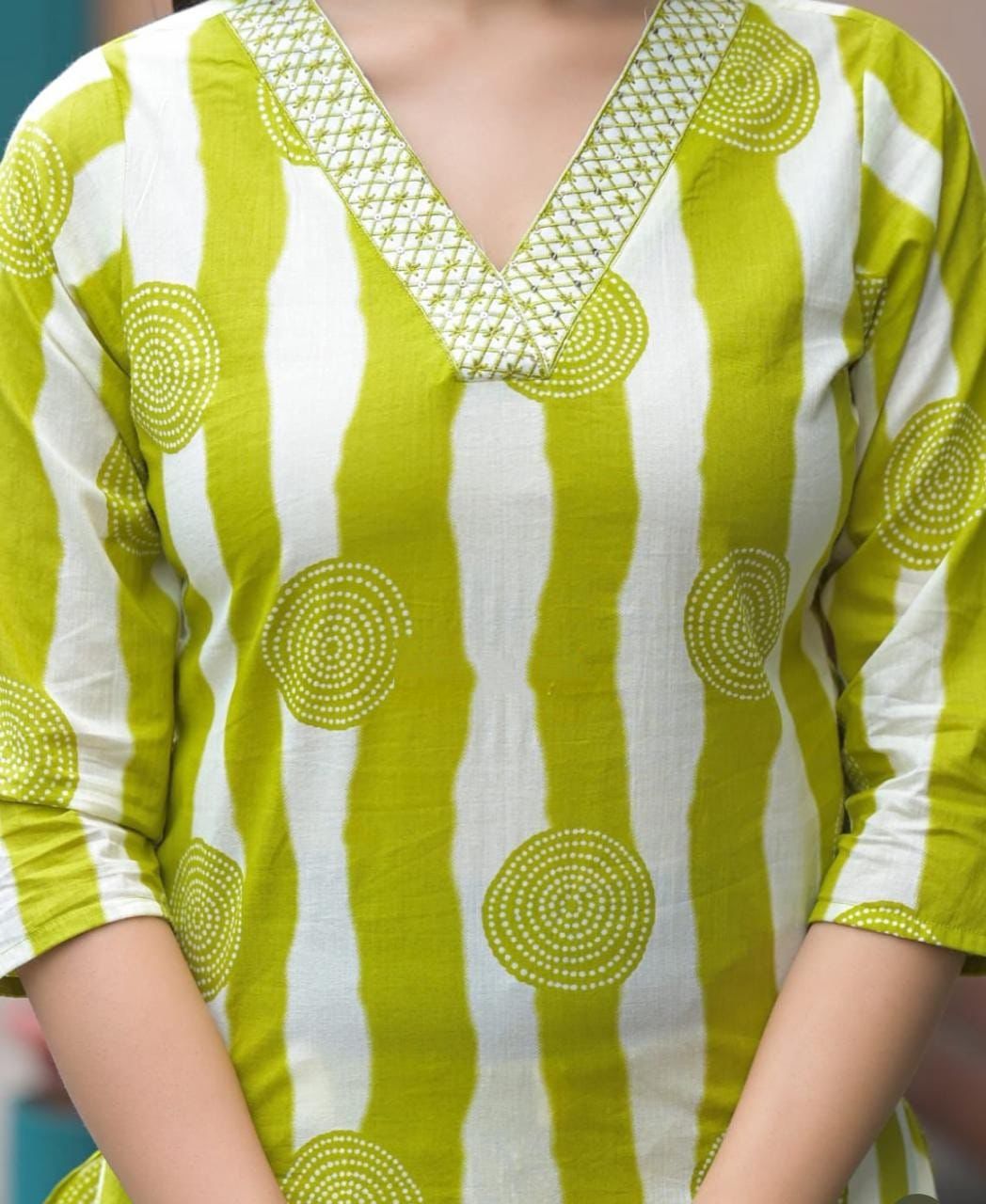 Lime Green Printed Elegance Cotton Kurti Set