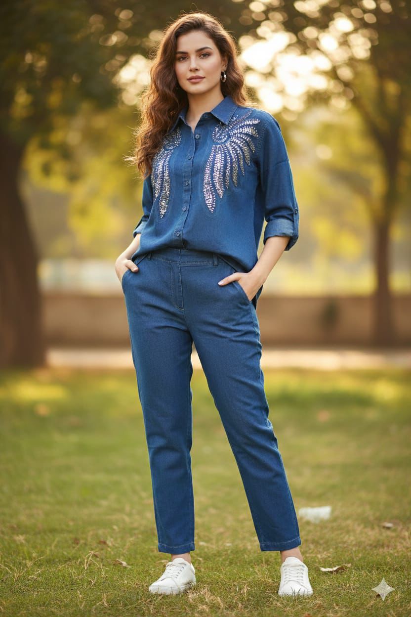 Elegance Embroidered Denim Cord Set