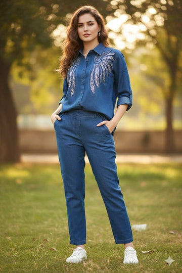 Elegance Embroidered Denim Cord Set