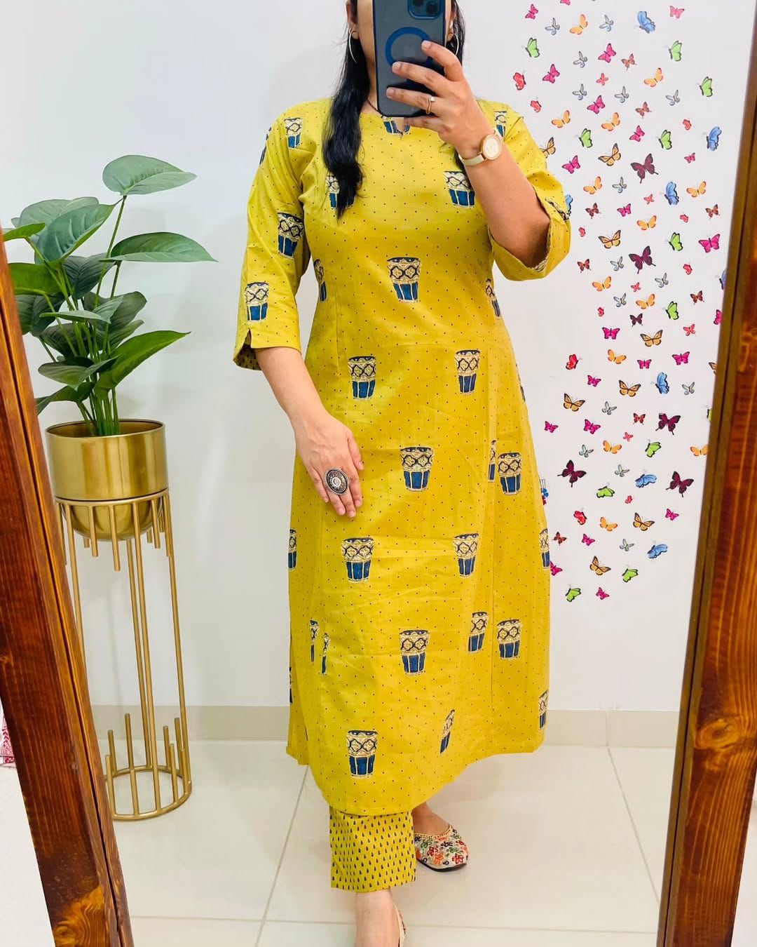 Yellow Printed A-Line Kurta Set