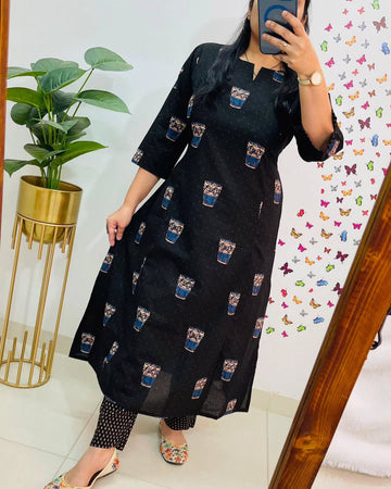 Black Printed A-Line Kurta Set