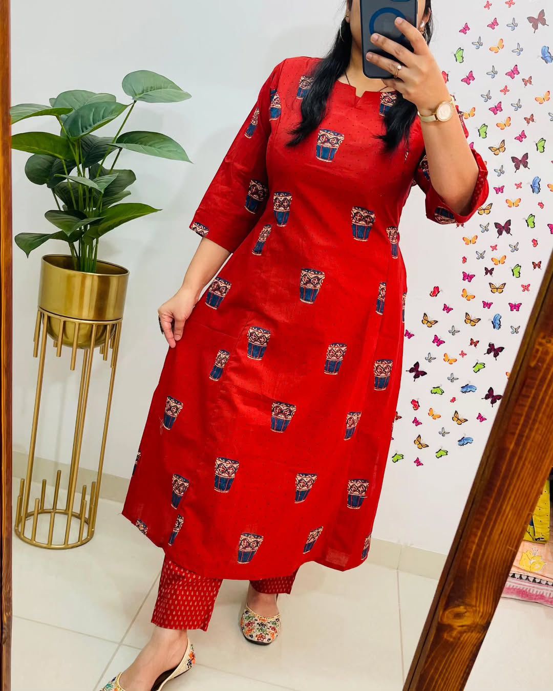 Red Printed A-Line Kurta Set