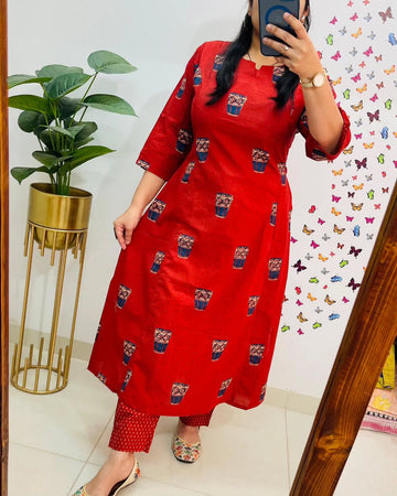 Red Printed A-Line Kurta Set