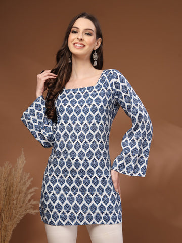 Blue Printed Square-Neck with Bell Sleeve Tunic