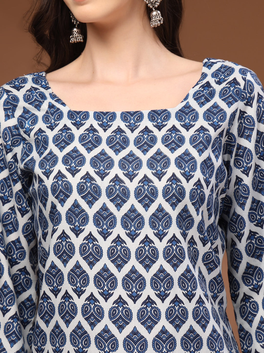 Blue Printed Square-Neck with Bell Sleeve Tunic