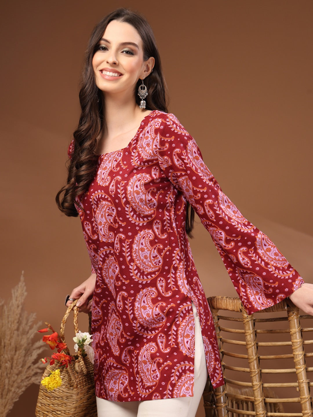Red Printed Square-Neck with Bell Sleeve Tunic