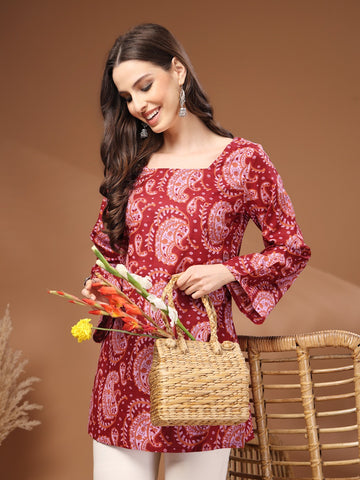 Red Printed Square-Neck with Bell Sleeve Tunic