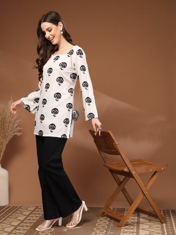 White Printed Square-Neck with Bell Sleeve Tunic