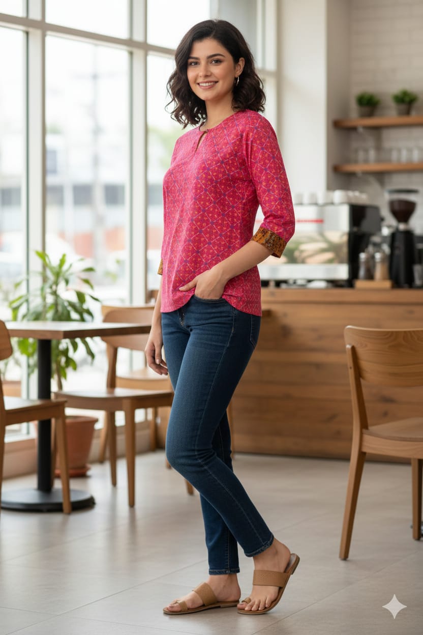 Hand Block Printed Cotton Reddish Pink Tunic