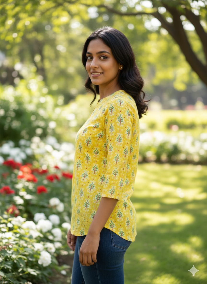 Hand Block Printed Cotton Yellow  Tunic