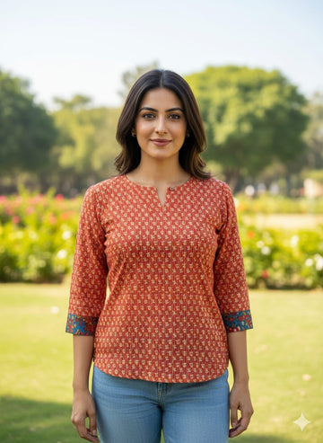 Hand Block Printed Cotton Rust Orange Tunic