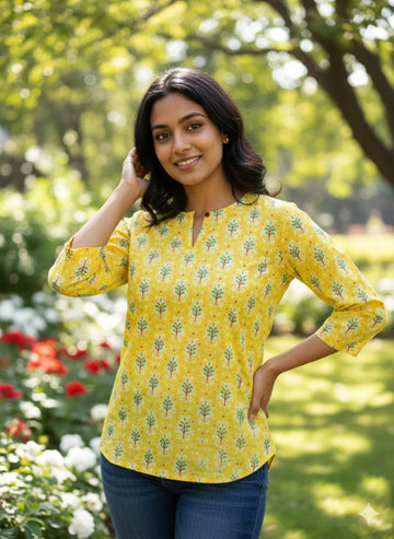 Hand Block Printed Cotton Yellow  Tunic