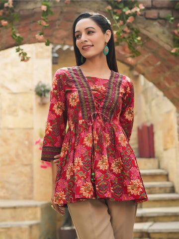Red Florals in Cotton Tunic