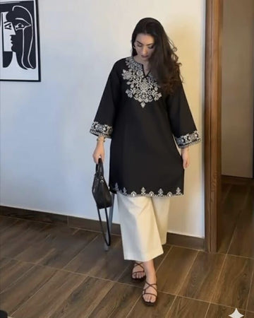 Black Cotton Embroidered Cord Set