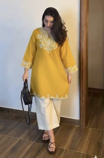 Yellow Cotton Embroidered Cord Set