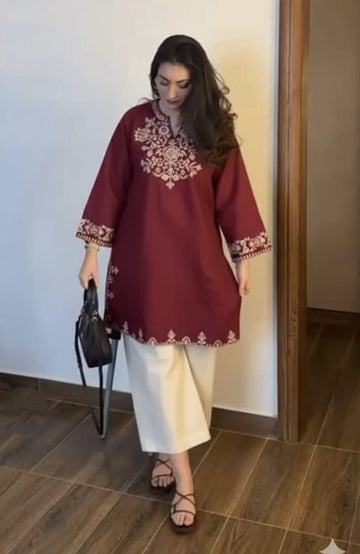 Mehroon Cotton Embroidered Cord Set