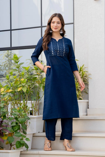 Blue Elegance in Cotton Slub Kurta Set
