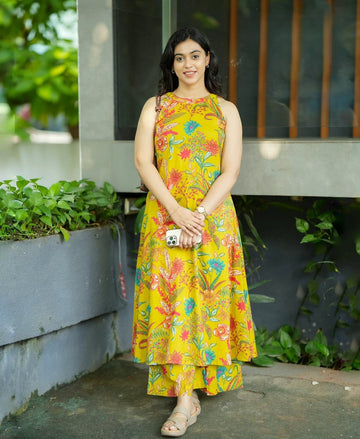 Mustard Yellow  Printed  Cotton Kurta Set