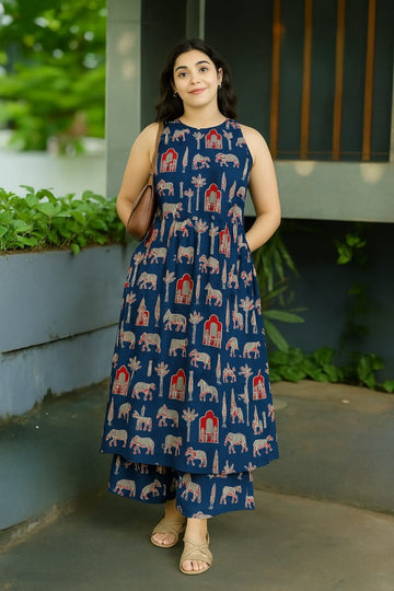 Blue Printed Cotton Kurta Set