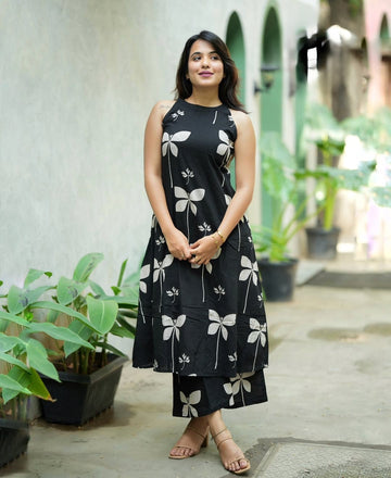 Black Printed Cotton Kurta Set