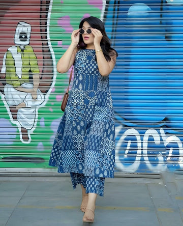 Blue Printed Cotton Kurta Set