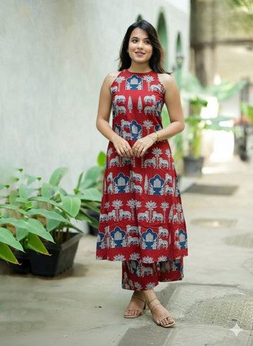 Red Print Cotton Kurta Set