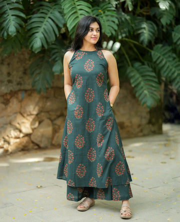 Olive Green Printed Cotton Kurta Set