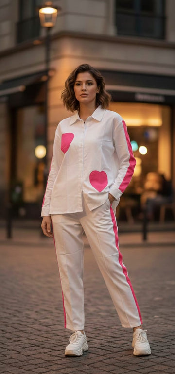 Pink Heart Print Cotton Cord Set