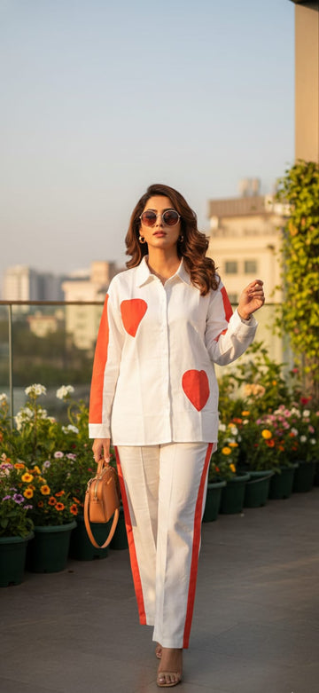 Orange Heart Print Cotton Cord Set