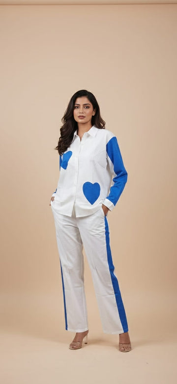 Blue Heart Print Cotton Cord Set