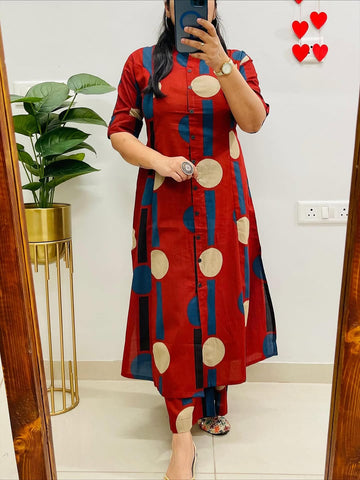 Premium Red Polka Dot Cotton Kurta Set