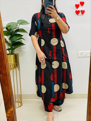 Premium Black Polka Dot Cotton Kurta Set