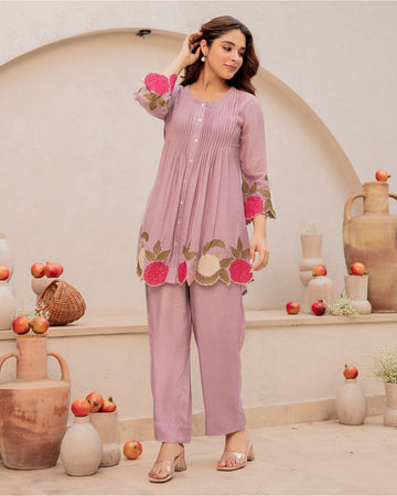 Light Mauve Embroidered Cotton Co-Ord Set
