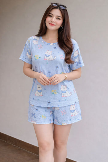 Blue Cotton Blend Short Cord Set