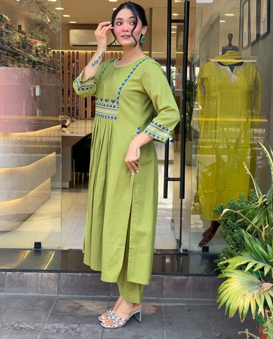 Green Embroidered Cotton Kurti Set
