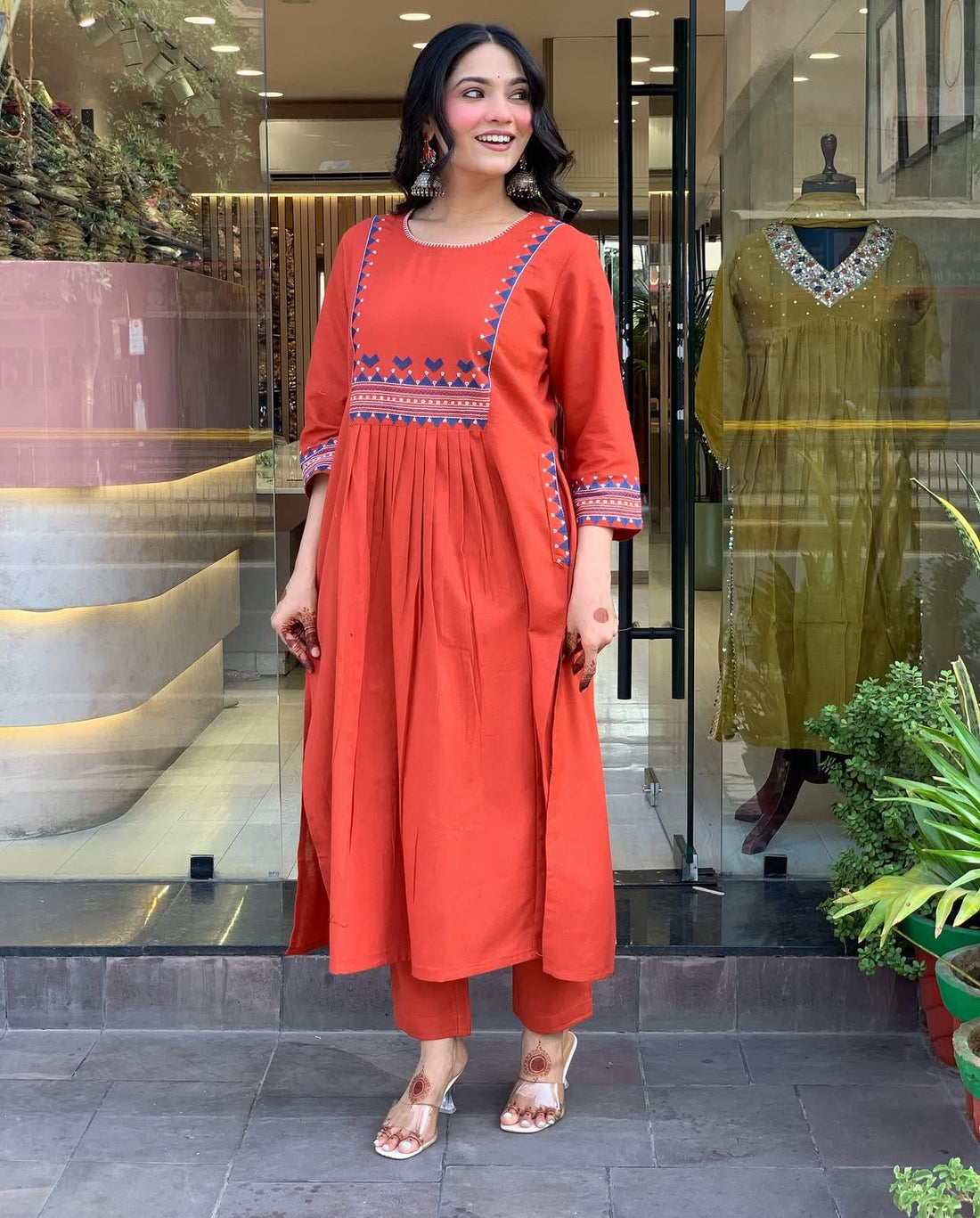 Orange Embroidered Cotton Kurti Set