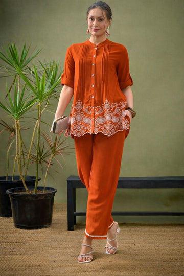 Orange Embroidered Cotton Cord Set for Women